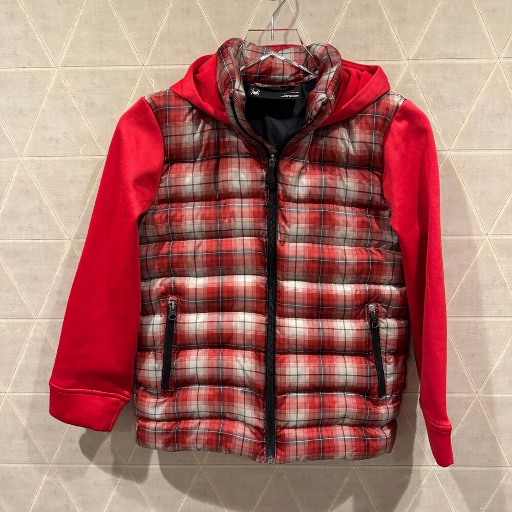 SPYDER 100% POLYESTER RED PLAID PRINT BOYS HOODED PUFFER JACKET SIZE M (10-12)